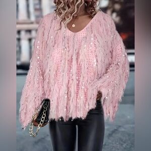 CHIC PINK Fringe Sequin Loose Knit V-Neck Sweater Oversized Size Large